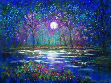 Artworks in 150 Subjects Painting - Cherry Blossom Tree Moon garden decor scenery wall art nature landscape